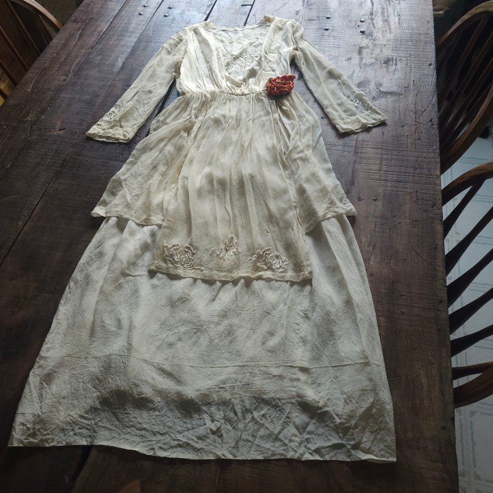 Antique Edwardian Silk Chiffon Tea Dress Cream Embroidered Beaded Tiered Skirt